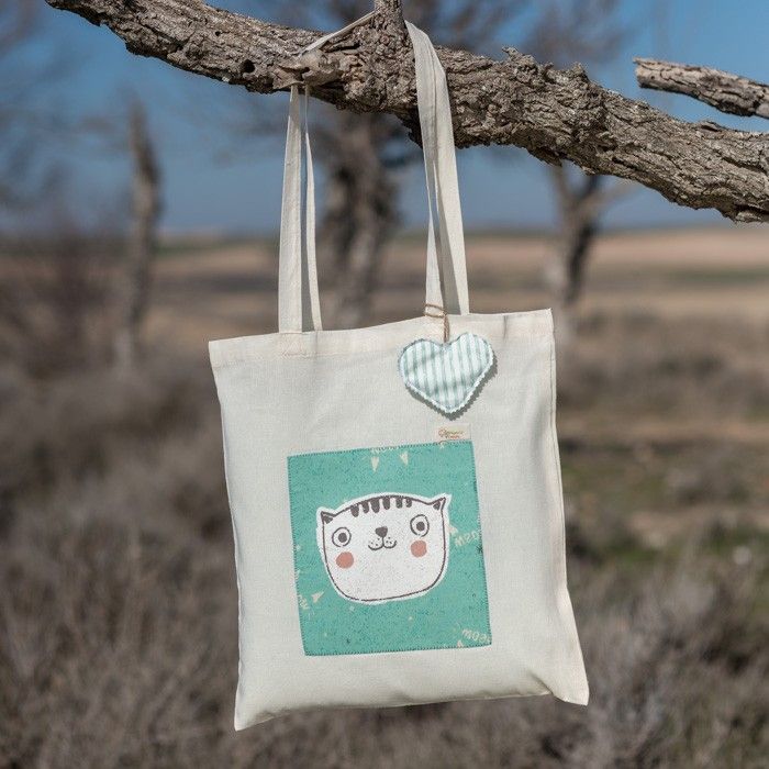 Bolsa de tela, Tote Bag 100% algodón con tela de gatito.