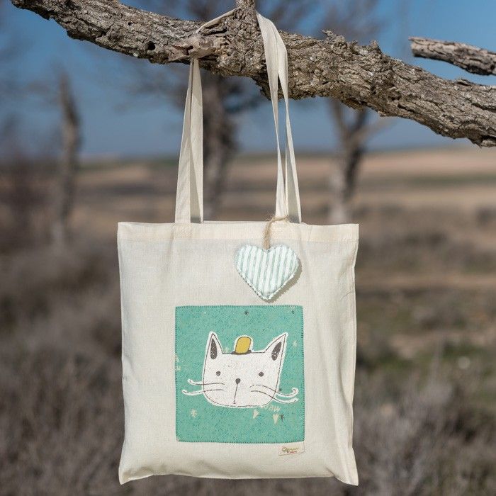 Bolsa de tela, Tote Bag 100% algodón con tela de gatito.
