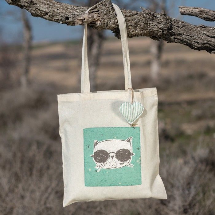 Tote Bag de algodón-tela de gato con gafas.