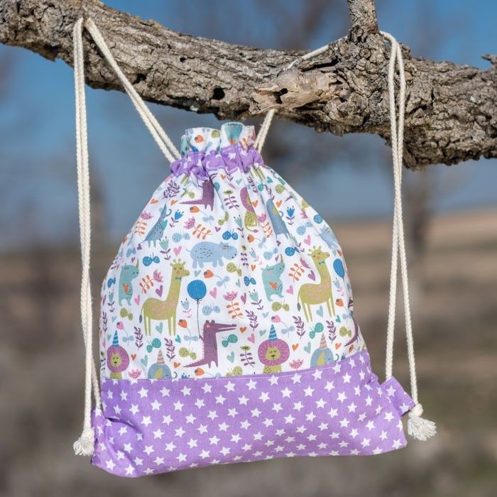 Mochila saco infantil de tela Animalitos Lila
