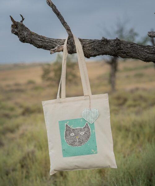 Bolsa de tela de algodón con la carita de un gato