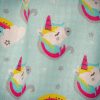 Mochila infantil grande de tela con estampado de unicornios sobre fondo azul hecha a mano.