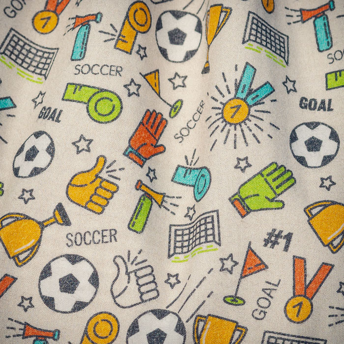 Mochila infantil grande de tela con estampado de fútbol y deporte hecha a mano.